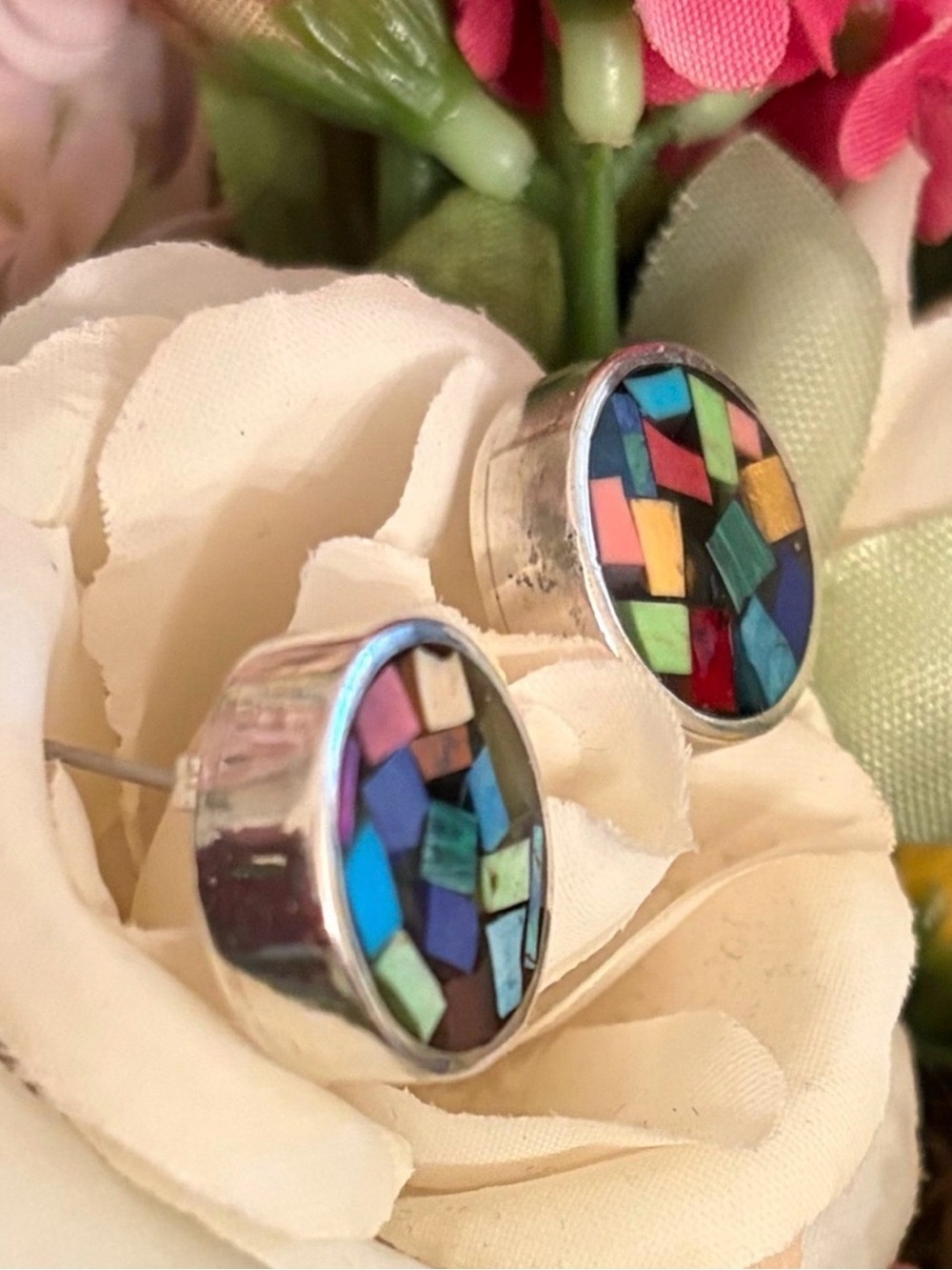 Vintage Silpada Multi-Colored Mosaic Earrings Encased in Sterling Silver P0740